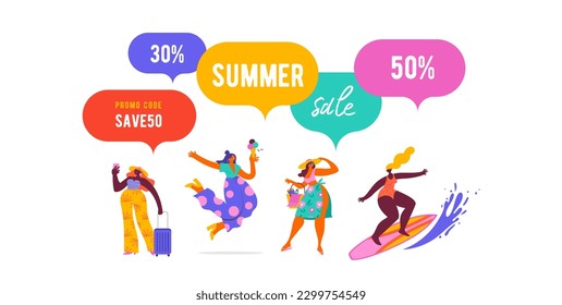 Summer sale poster, modern style characters, people at summer. Traveling, surfing, shopping and having fun at the beach