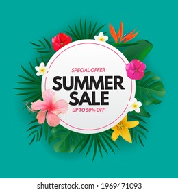 Summer sale poster. Natural Background with Tropical Palm and Monstera Leaves, exotic flower. Vector Illustration EPS10