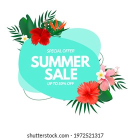 Summer sale poster. Natural Background with Tropical Palm Leaves, exotic flowers. Vector Illustration EPS10