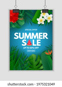 Summer sale poster. Natural Background with Tropical Palm Leaves, exotic plumeria and hibiscus flower. Vector Illustration EPS10