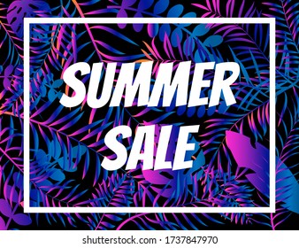 Summer sale poster, night tropic background with palm leaves. Vector illustration