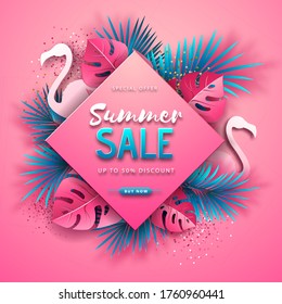 Summer sale poster with pink and blue tropic leaves and flamingo on pink background.