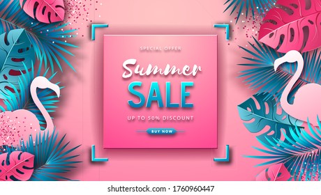 Summer sale poster with pink and blue tropic leaves and flamingo on pink background.