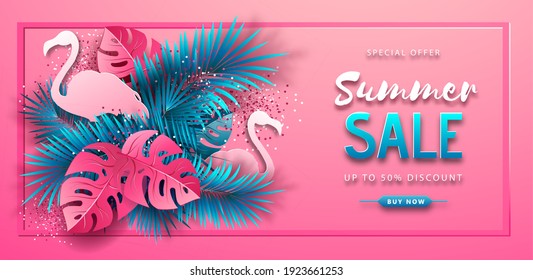 Summer sale poster with pink and blue tropic leaves and flamingo on pink background.