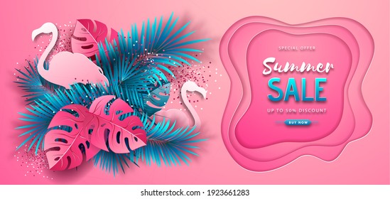 Summer sale poster with pink and blue tropic leaves and flamingo on pink background.