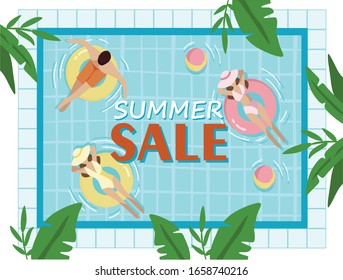 summer sale, a poster for a pool party with an inscription, people swim in the pool