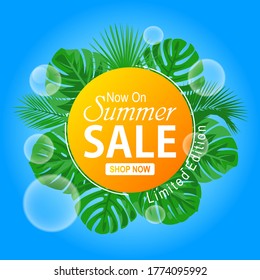 summer sale poster promotion with organic label and badge design