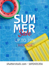 Summer sale poster with realistic swim ring and inflatable mattress. Shopping promotion for summer season.