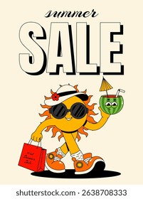 Summer sale poster. Retro groovy walking character sun with cocktail watermelon and shopping bag. Flat vector illustration