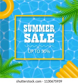 Summer sale poster with sea or pool surface and palm leaves, inflatable mattress and yellow rubber ring, vector illustration