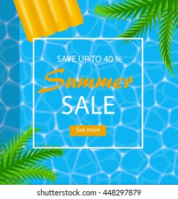 Summer sale poster with sea or pool surface and palm leaves, vector illustration