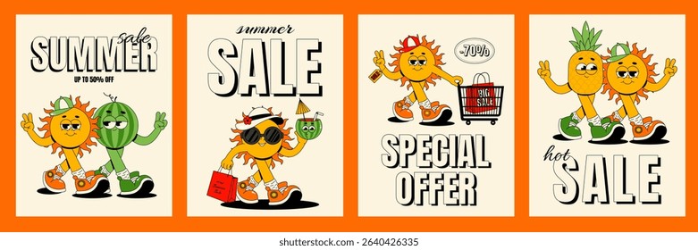 Summer sale poster set. Retro groovy walking characters sun, watermelon, pineapple. Flat vector illustration