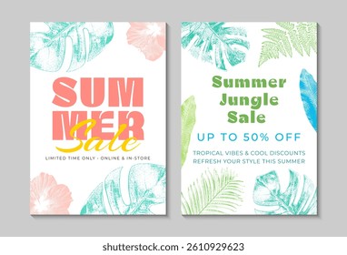 Summer sale poster set with tropical leaves and hibiscus in colorful photocopy effect. Retro vintage promo templates with bold typography for discounts and beach vibes advertising.