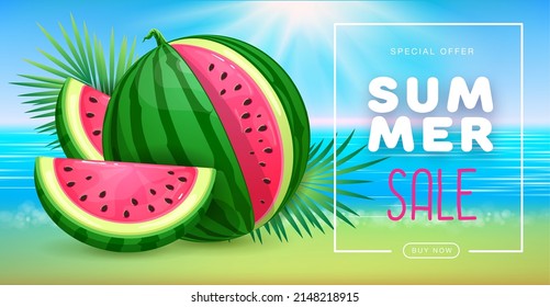 Summer sale poster with slices of watermelon on tropic background. Summer watermelon background. Vector illustration