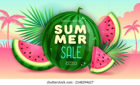 Summer sale poster with slices of watermelon on tropic background. Summer watermelon background. Vector illustration