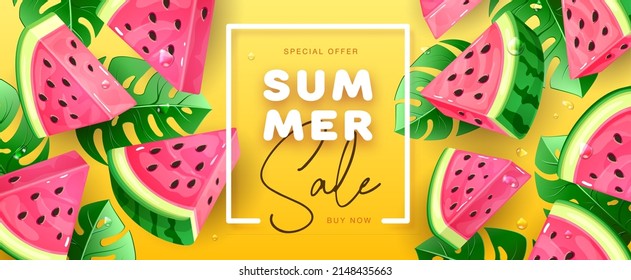 Summer sale poster with slices of watermelon on tropic background. Summer watermelon background. Vector illustration