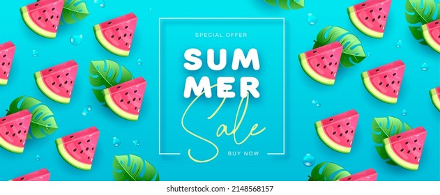 Summer sale poster with slices of watermelon on blue background. Summer watermelon background. Vector illustration