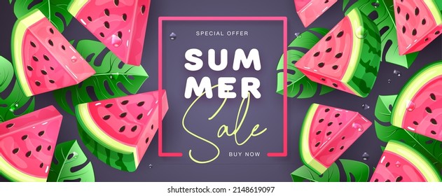 Summer sale poster with slices of watermelon on tropic background. Summer watermelon background. Vector illustration