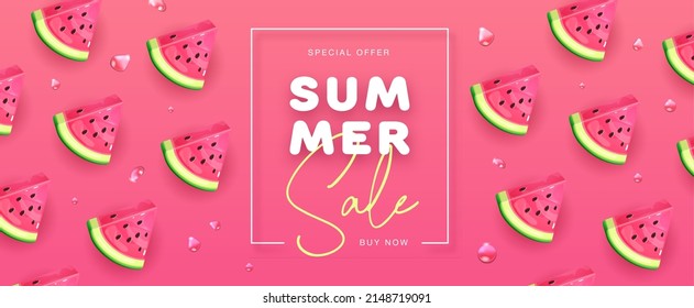 Summer sale poster with slices of watermelon on pink background. Summer watermelon background. Vector illustration