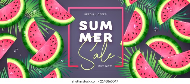 Summer sale poster with slices of watermelon on tropic background. Summer watermelon background. Vector illustration