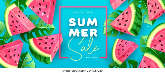 Summer sale poster with slices of watermelon on blue background. Summer watermelon background. Vector illustration