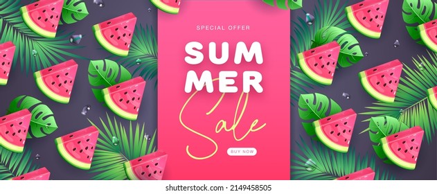 Summer sale poster with slices of watermelon on tropic background. Summer watermelon background. Vector illustration