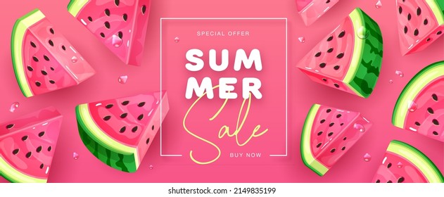 Summer sale poster with slices of watermelon on pink background. Summer watermelon background. Vector illustration