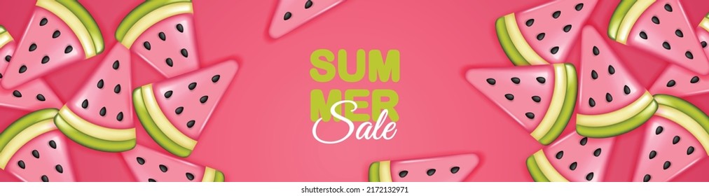 Summer Sale Poster With Slices Of Watermelon On Pink Background. Summer Watermelon Background.