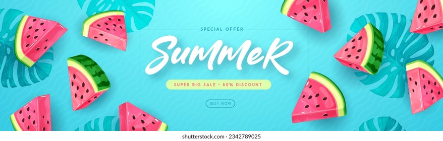 Summer sale poster with slices of watermelon and tropic leaves on blue background. Summer background. Vector illustration