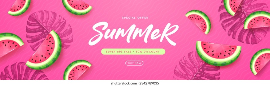 Summer sale poster with slices of watermelon and tropic leaves on pink background. Summer background. Vector illustration