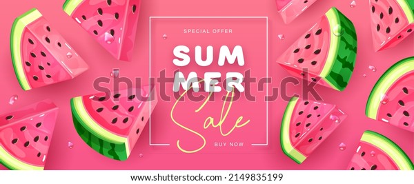 Summer sale\
poster with slices of watermelon on pink background. Summer\
watermelon background. Vector\
illustration
