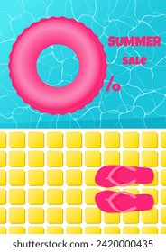 Summer sale poster with swimming pool, top view. Water texture. Vector illustration.