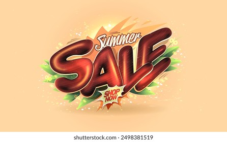 Summer sale poster template with 3D lettering and tropical style leaves on a backdrop, Summer sale promotion banner template