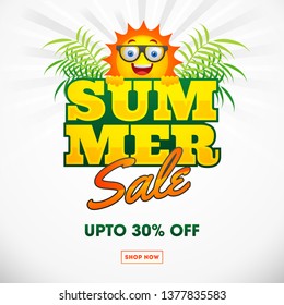 Summer Sale poster or template design with 30% discount offer and cartoon character of happy sun on white background.