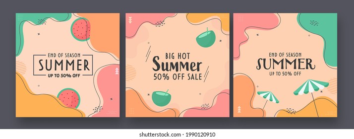 Summer Sale Poster Or Template Design Set With 50% Discount Offer On Abstract Background.