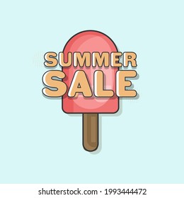 Summer Sale Poster Or Template Design With Ice Cream Stick On Pastel Blue Background.