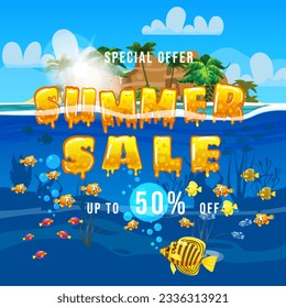 Summer Sale poster template. Exotic island, underwater life, fishes, seaweeds, palms, sun, sky