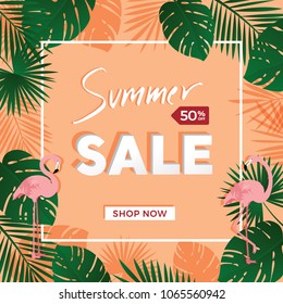 Summer sale poster template with green leaves and Flamingo on light orange background