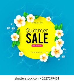 Summer sale poster template. Hot season offer background with sea waves and plumeria flower.