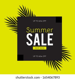 Summer sale poster template. Hot season offer background with palm leaves.