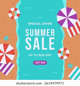 Summer sale poster template on top view beach background. Summer sale background template for advertisement and social media post. Summer advertisement poster