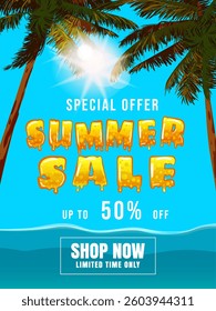 Summer Sale poster template. Palms, sun, sky, tropical ocean summer scene