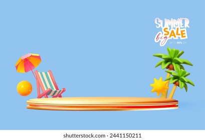 Summer Sale poster template with round podium. Product display with cute 3D render: beach chair, umbrella, palms and sun