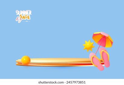 Summer Sale poster template with round podium. Product display with cute 3D render: beach umbrella, flip flops and sun