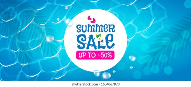 Summer sale poster template. Season offer background with sea waves. Top view.