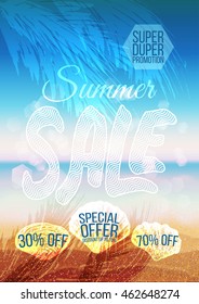 Summer sale poster template with sunny beach landscape, sand, palm leaves, seashells, water line. Vector illustration.
