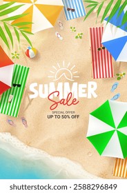 Summer sale poster template. Vector summer flyer with beach, chairs, umbrellas, ball, seashells, flip flops, sea wave, tropical leaves, flowers. Ad background for promotion of summer goods, events.