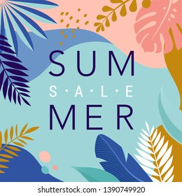 Summer Sale poster with tropic leaves, banner and background in modern flat style. Vector illustration