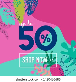 Summer Sale poster with tropic leaves and flowers, advertisement banner and tropical background in modern flat style, flash spring special offer, poster vacation ad, flyer. Vector illustration 