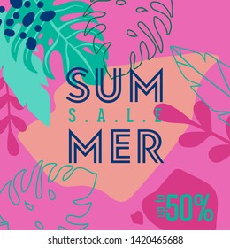 Summer Sale poster with tropic leaves and flowers, advertisement banner and tropical background in modern flat style, flash spring special offer, poster vacation ad, flyer. Vector illustration 